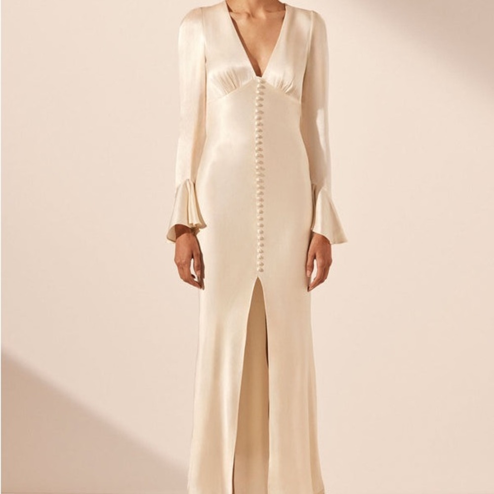 La Lune Frill Cuff Bias Midi Dress - Cream